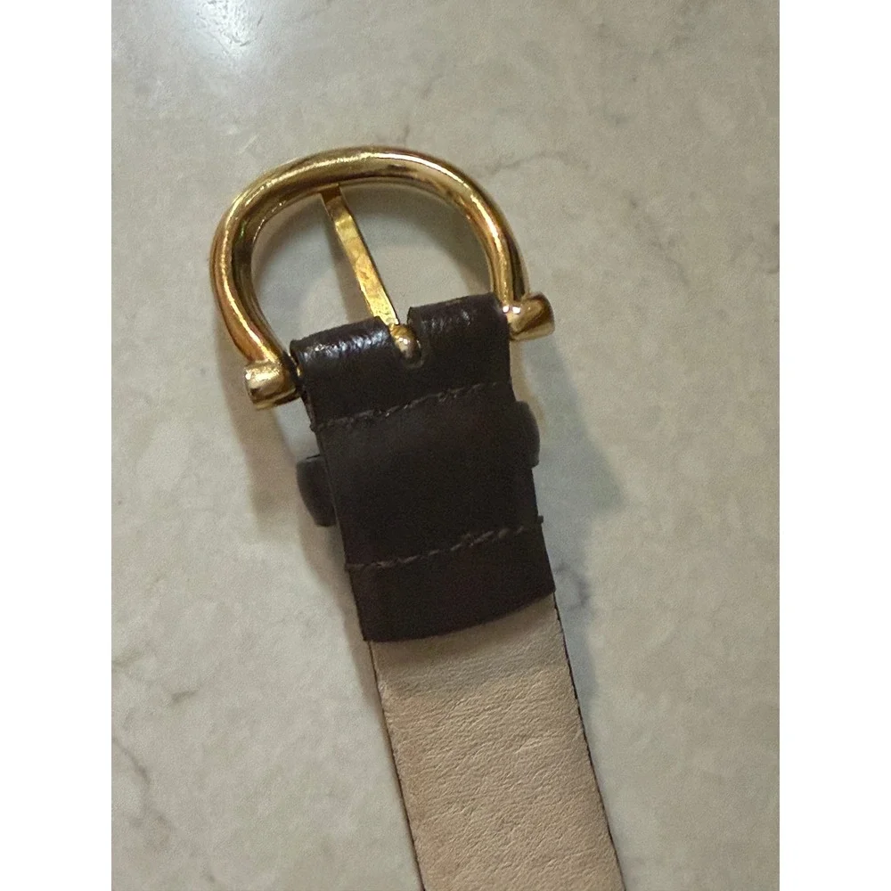 Ellen Tracy Dark Brown Genuine Leather Belt Gold Horseshoe Buckle Size S ET433